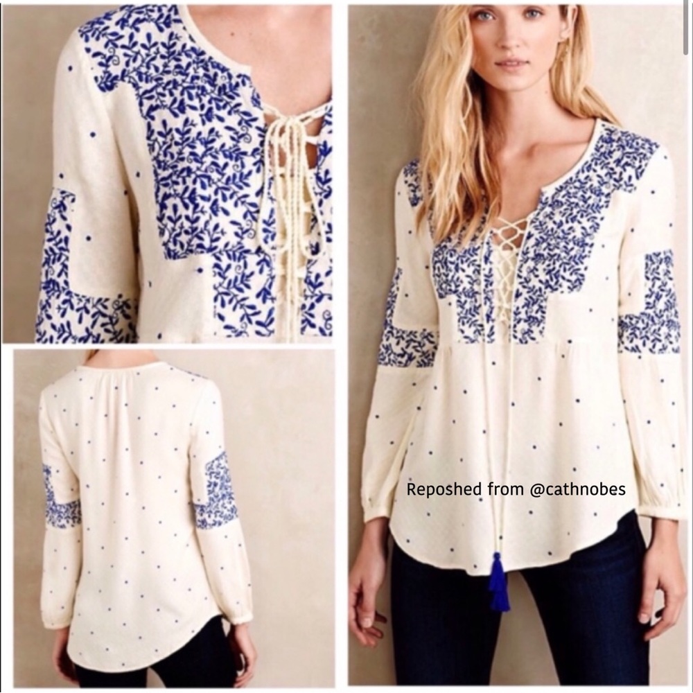 Cream Peasant Blouse with Blue Embroidery - Women's Top